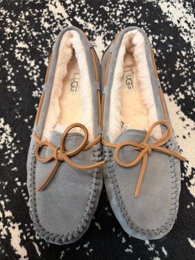 UGG Gray Suede Moccasin Slippers with Chestnut Laces